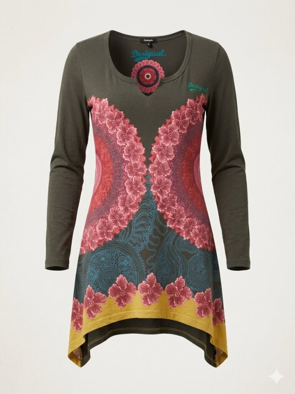 Desigual Colorful Floral  Boho Festival Shark Bite Hem Lagenlook Tunic Top 3006